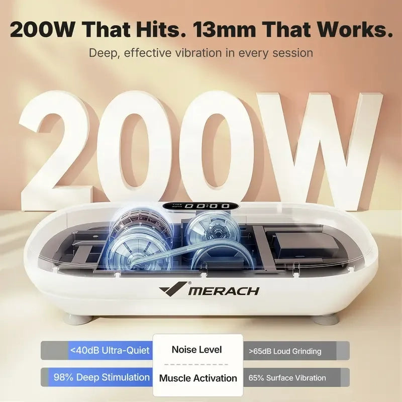 MERACH 4D Full-Body Vibration Platform—supports lymphatic drainage, fat loss, and muscle activation; features Bluetooth connectivity.