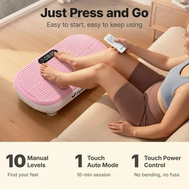 MERACH 4D Full-Body Vibration Platform—supports lymphatic drainage, fat loss, and muscle activation; features Bluetooth connectivity.